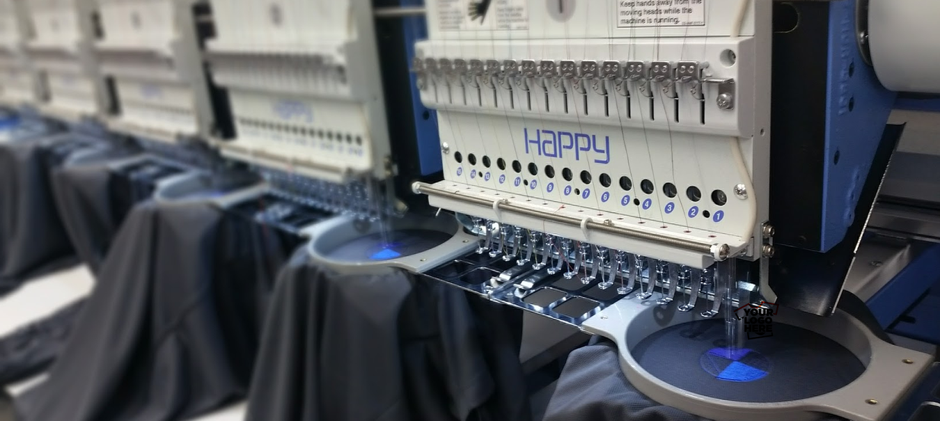 Custom Screen Printing & Embroidery done right:  An embroidery machine with a custom logo being stitched onto a polo shirt.